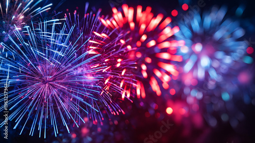 July 4, USA. Bright fireworks of red, blue and purple colors, creating a festive mood. Explosions of light on a dark background.