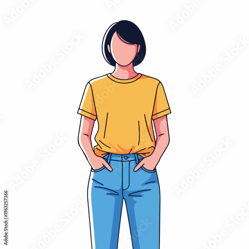 Illustration of a woman in yellow shirt, blue jeans, hands in pockets