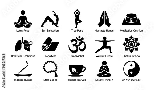 Yoga and meditation icons: poses, symbols, and accessories