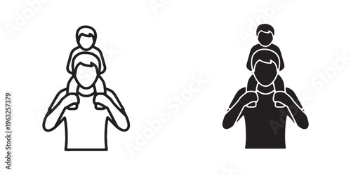 Vector illustrations of a man carrying a child on his shoulders in black and white