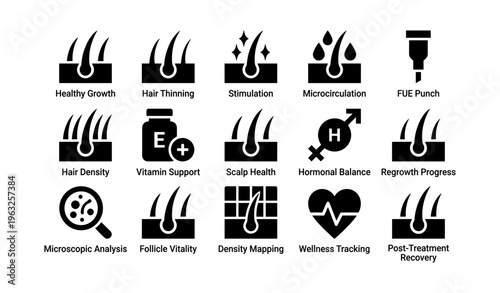 Hair health and treatment icons for growth, wellness, and recovery