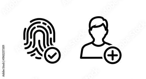 Fingerprint scan and add user icon set, biometric authentication and new account symbol, identity verification