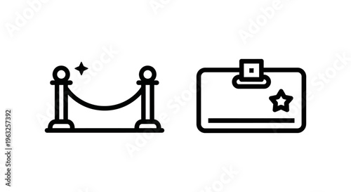 Vip rope barrier and access pass icon set, elite access and priority service symbols, exclusive event pass, velvet rope, red carpet