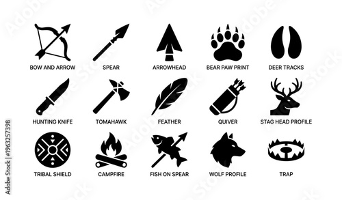 Collection of hunting symbols including bow, spear, knife, and animal tracks