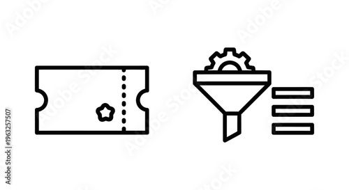 Ticket and filter options icon set, representing event selection, filtering choices, online booking, and data processing for travel and entertainment