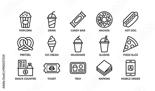 Minimalist snack icons: popcorn, drinks, candy, fast food, tickets, and mobile orders