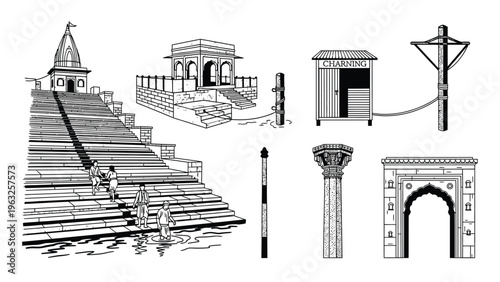 Architectural elements and structures from India ghats temple arch column and shed.