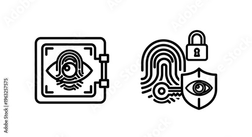 Biometric security icons: eye scan safe and fingerprint with lock, shield, and key for data protection
