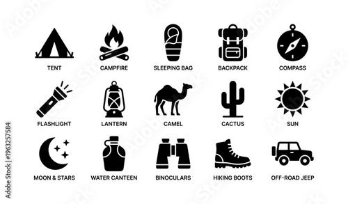 Outdoor adventure icons featuring camping gear and nature elements