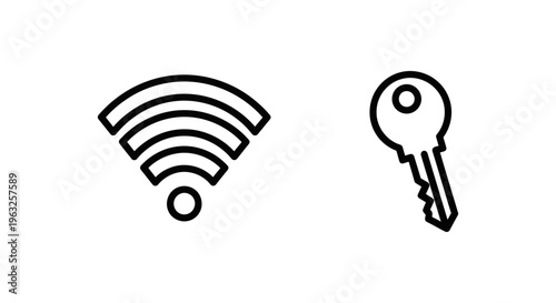Wifi network security icons: password and key symbols for wireless connection access with internet service with wireless fidelity