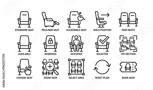 Seating options icons: standard, recliner, accessible, aisle, pair, available, reserved, occupied, selected, vip, choose, zoom, select, reset, book