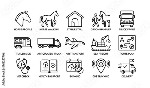 Horse care and transport icons: horse, truck, air, sea, gps
