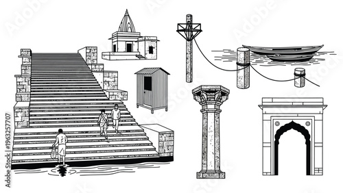 Indian architectural scenes river steps temple arch column and boat mooring.