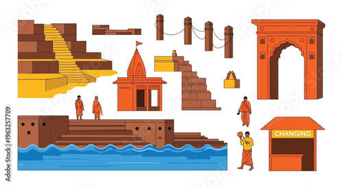 Varanasi riverfront scene with ghats temple archway and changing room.
