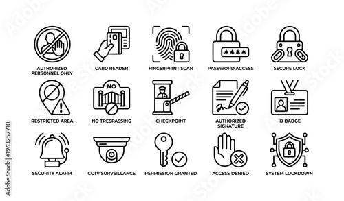 Security icons collection featuring locks, access control, alarms, and surveillance symbols