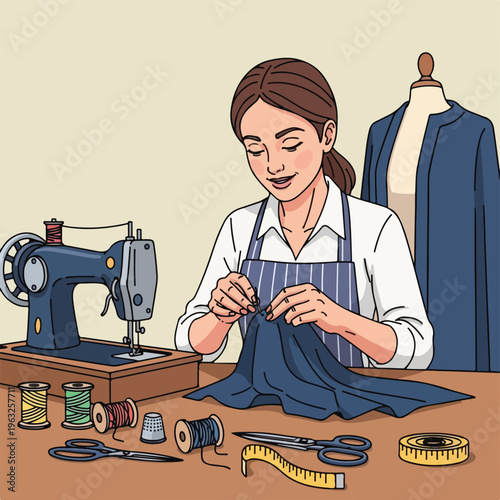 Illustration of a woman sewing with tools on a wooden table