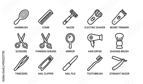 Hair and grooming tools icons: brushes, razors, scissors, mirrors, and more