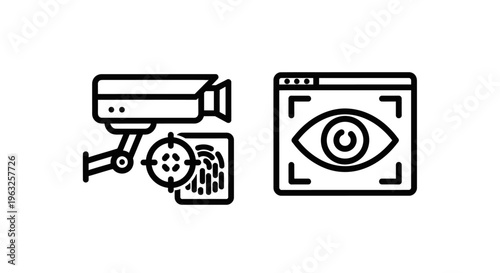 Security icons: a surveillance camera with a fingerprint target and a digital eye scan on a screen, representing surveillance, privacy, and identification