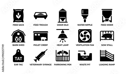 Farm equipment icons: feed sack, grain silo, piglet creep, ventilation fan, ear tag
