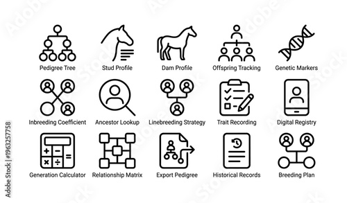 Horse breeding icons set with pedigree, genetic markers, and breeding plans