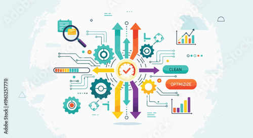 Illustration with arrows, gears, clock, and graph elements showing data flow