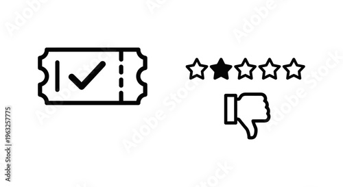 Ticket and feedback rating icons for event validation and customer review systems, quality assessment, approval, disapproval, online surveys, customer experience vector