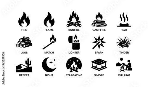 Campfire symbols: bonfire, logs, stargazing, chilling adventures