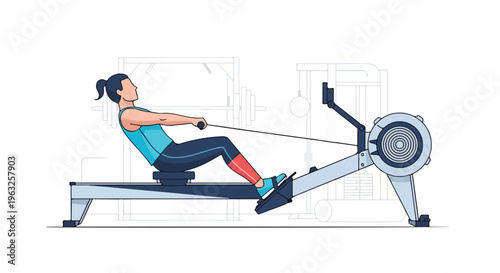 Illustration of a woman working out on a rowing machine in a gym