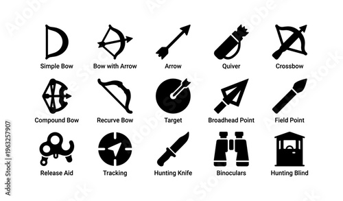 Archery equipment icons: bows, arrows, and hunting tools collection