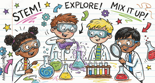 Cute kids science experiment in laboratory classroom cartoon illustration