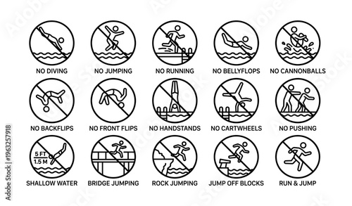Swimming pool safety icons: no diving, jumping, running, bellyflips, cannonballs, backflips, front flips, handstands