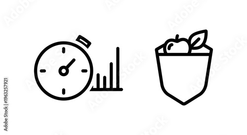 Calorie tracking and time management concept icons: stopwatch with graph for time analytics and shield with apple for 500 calorie food intake