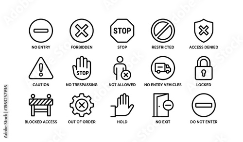 Vector icons of warning and restriction signs including stop, no entry, and access denied