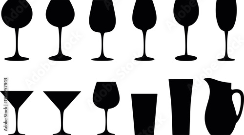 Collection of drinkware silhouettes including wine glasses, cocktail glasses, tumblers, beer glasses, and pitcher isolated on white background