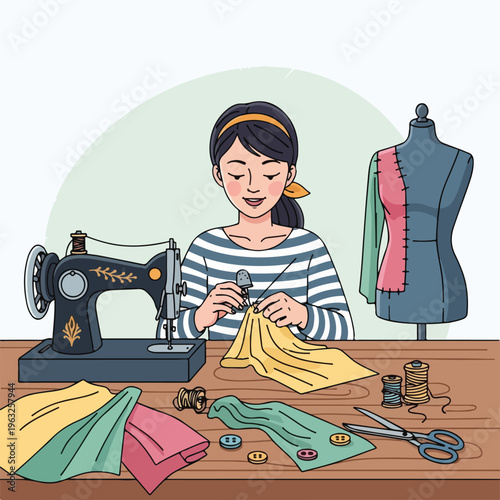 Illustration of a woman working on a sewing project at a wooden table