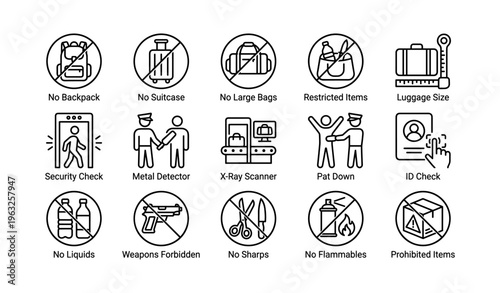 Airport security icons: no bags, prohibited items, id check, weapon restrictions, safety measures