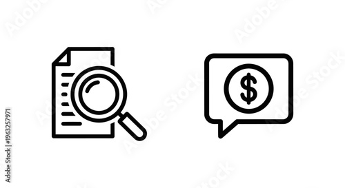 Seo writing and copy optimization icons for digital marketing strategy and content creation analytics with magnifying glass and dollar symbol