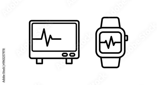 Ecg monitor and heartbeat tracker smartwatch icons for medical health diagnostics and wearable fitness technology