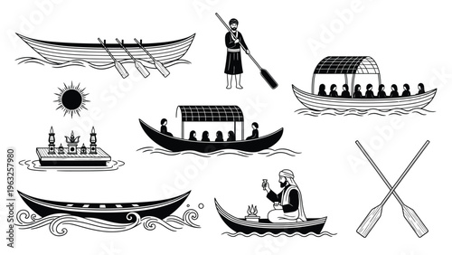 Indian river boat collection with rowing man and religious ceremony elements.