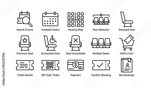Event ticketing icons: search, seating, cart, and booking icons