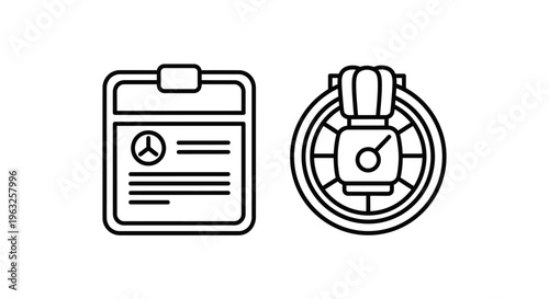 Automotive service clipboard and vehicle maintenance meter icons for car repair, inspection, diagnostic reporting, and garage workshop tasks