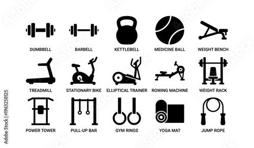 Set of black silhouette gym equipment icons for fitness and exercise