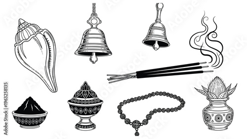 Set of hindu puja items. Hand drawn vector doodle illustration. Conch shell, bells, incense sticks with smoke, bowl of kumkum, kalash, mala beads, and ornate brass pot.
