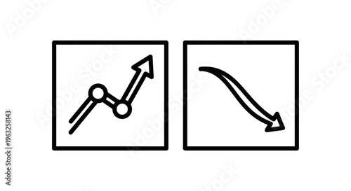 Business performance and data analytics icons: retention rate growth and customer lifecycle curve charts for market strategy