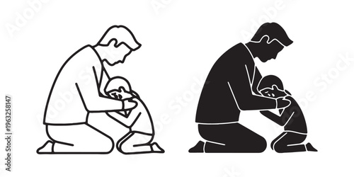 Black and white line art of a parent and child sitting on the floor together