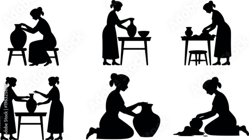 Set of pottery making silhouettes with women shaping clay, crafting ceramic pots, and traditional artisan workshop activities isolated background