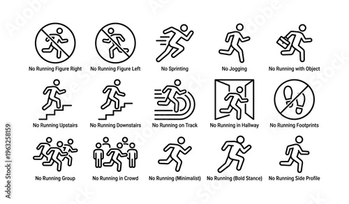 No running signs and symbols indicating diverse situations and prohibitions