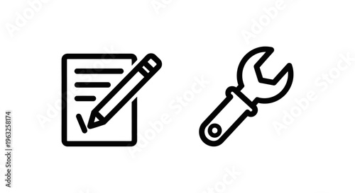 Content editing pencil on document and wrench settings tool black line art icons for document management and technical support