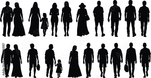 Silhouettes of diverse people walking in pairs and groups, including adults and children, symbolizing companionship, family bonding, social connection, and everyday lifestyle representation.