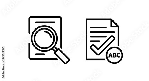 Document search magnifying glass and spell check abc with checkmark black line art icons for quality control and proofreading